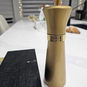 Rare Mid Century William WE Bounds Gold Metal Salt Shaker & Pepper Grinder In On